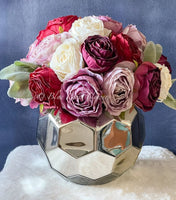 Pink, Red, Blush Pink Rose Arrangement Artificial Faux Centerpiece, Floral Decor, Silk Flower Arrangement, Faux Flowers in Silver vase