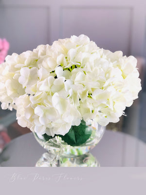 White Hydrangea Artificial Faux Arrangement in Clear Glass Vase with clear acrylic water for Home Decor by Blue Paris Flowers