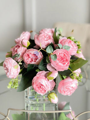 Pink Rose Peony Arrangement, Artificial Faux Centerpiece, Silk Flowers in Glass Vase for Home Decor