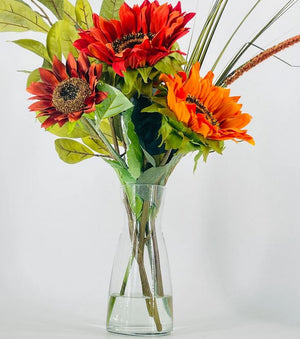 Mix Faux Flower Arrangement, Sunflowers and Greens in Vase, Floral Decor Silk Flower Centerpiece, Faux Artificial Flowers Silk Arrangement