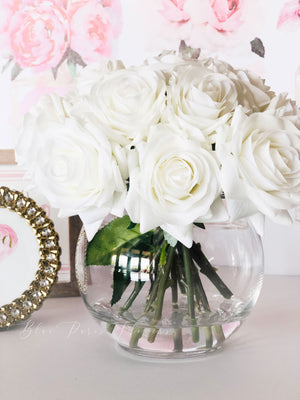 Real Touch White Roses Arrangement in Vase, French Country Artificial Flowers, Faux Floral Home Decor
