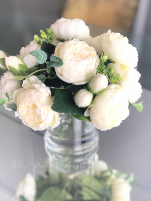 White or Pink Rose Peony Arrangement Artificial Faux Centerpiece Silk Flowers in Glass Vase for Home Decor by Blue Paris Flowers