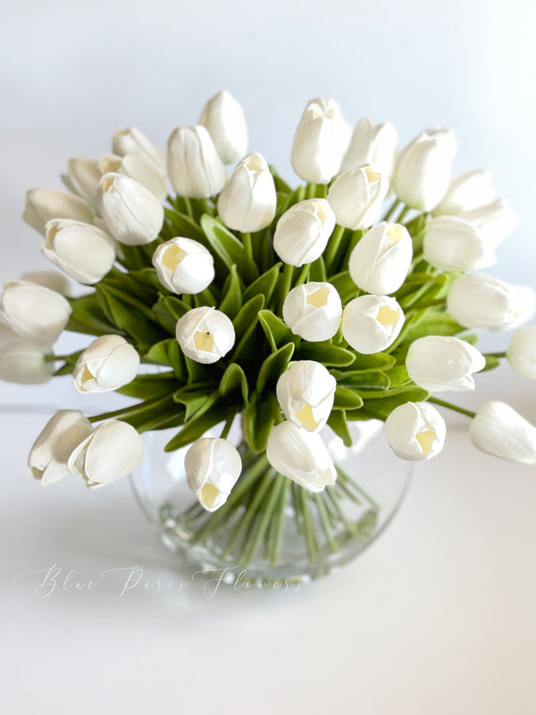 X-Large 60 White Tulips | Modern Faux Floral Arrangement | Real Touch Artificial Faux Forever Flowers in Glass Vase, Faux Flowers in Vase