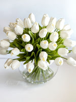 X-Large 60 White Tulips | Modern Faux Floral Arrangement | Real Touch Artificial Faux Forever Flowers in Glass Vase, Faux Flowers in Vase
