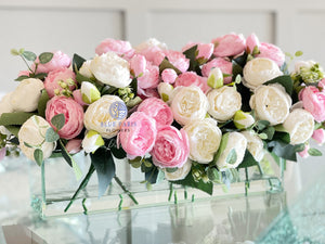 Modern Long White and Pink Rose Peony Arrangement, Artificial Faux Centerpiece Floral Flower Arrangement, Silk Flowers Glass Vase Home Decor