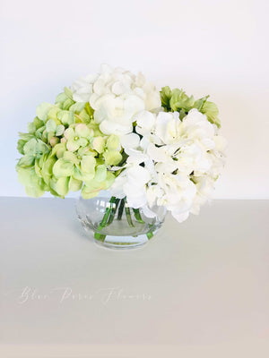 White Green Hydrangea in Vase, Artificial Faux Flower Arrangement, Silk Flower Centerpiece, Home Decor