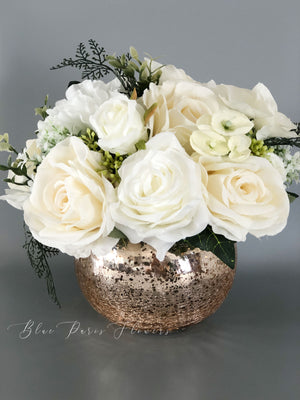 White Roses Faux Flower Arrangement, Floral Home Decor | Silk Artificial Centerpiece in Gold Vase