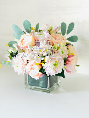Blush Pink, Lavender White Peony Ranunculus Floral Arrangement, Artificial Faux Centerpiece, Silk Flowers French Country Decor