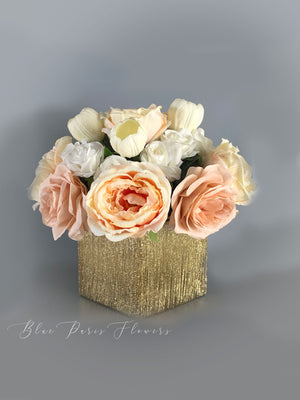 Ashley Dusty Rose, White Tulips Faux Flower Arrangement, Floral Home Decor | Silk Artificial Centerpiece in Gold Vase