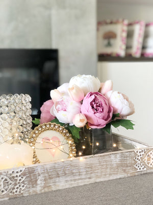 Pink Peony Arrangement, Artificial Faux Centerpiece, Natural Touch Flowers in Glass Vase Home Decor