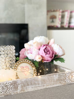 Pink Peony Arrangement, Artificial Faux Centerpiece, Natural Touch Flowers in Glass Vase Home Decor