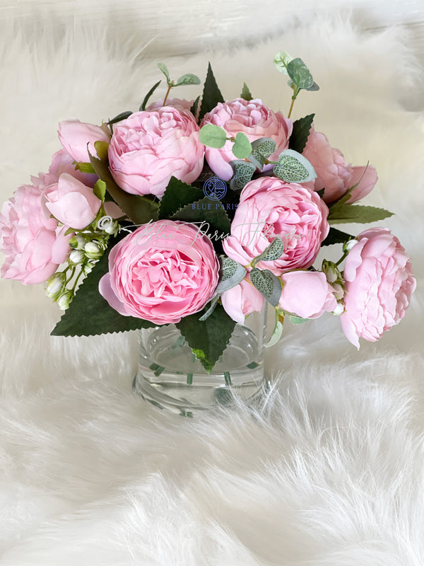 Light Pink Rose Peony Arrangement, Artificial Faux Centerpiece, Silk Flowers in Glass Vase for Home Decor, House, Gift, Faux Floral