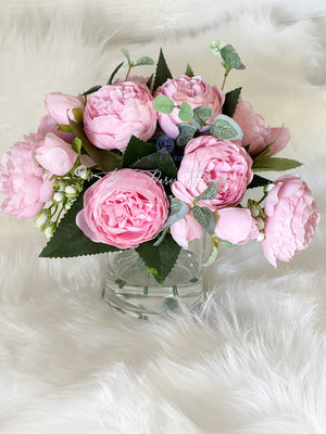 Light Pink Rose Peony Arrangement, Artificial Faux Centerpiece, Silk Flowers in Glass Vase for Home Decor, House, Gift, Faux Floral