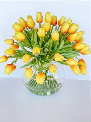 X-Large 60 Yellow Tulips | Modern Faux Floral Arrangement Real Touch Artificial Centerpiece Faux Flowers in Glass Vase Faux Flowers in Vase