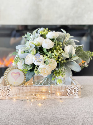 Large White Rose Peony, Berries with Greenery Arrangement, Artificial Faux Centerpiece, French Silk Floral Flowers Glass Vase for Home Decor