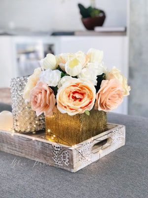 Ashley Dusty Rose, White Tulips Faux Flower Arrangement, Floral Home Decor | Silk Artificial Centerpiece in Gold Vase