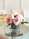 Pink Peony Arrangement, Artificial Faux Centerpiece, Natural Touch Flowers in Glass Vase Home Decor
