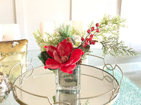 Holiday Red Magnolia Arrangement, Artificial Faux Centerpiece, Silk Flowers in Glass Vase for Christmas Decor
