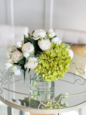 White Peony Rose Green Hydrangeas Arrangement Artificial Faux Forever Flowers in Glass Vase for Home Decor by Blue Paris Flowers