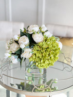 White Peony Rose Green Hydrangeas Arrangement Artificial Faux Forever Flowers in Glass Vase for Home Decor by Blue Paris Flowers