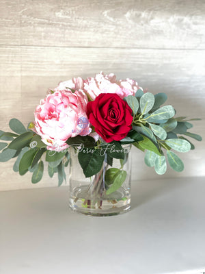 Pink Peonies, Red Roses, Artificial Faux Floral Arrangement Table Centerpiece Decor, Flower Arrangement Silk Florals, Real Touch Peony