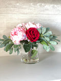 Pink Peonies, Red Roses, Artificial Faux Floral Arrangement Table Centerpiece Decor, Flower Arrangement Silk Florals, Real Touch Peony