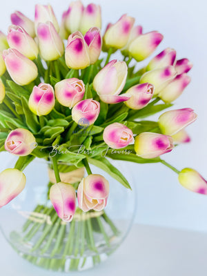X-Large 60 Mauve Tulips | Modern Faux Floral Arrangement | Real Touch Artificial Centerpiece Faux Flowers in Glass Vase Faux Flowers in Vase