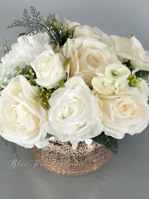White Roses Faux Flower Arrangement, Floral Home Decor | Silk Artificial Centerpiece in Gold Vase