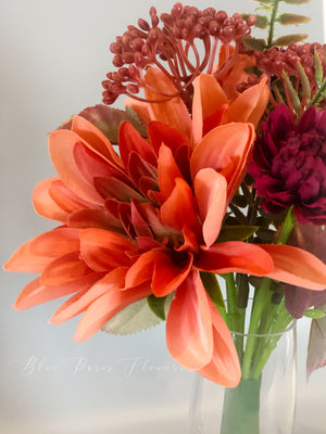 Thanksgiving Rusty Red Dahlias Floral, Artificial Faux Arrangement