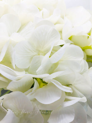 White Hydrangea Artificial Faux Arrangement in Clear Glass Vase with clear acrylic water for Home Decor by Blue Paris Flowers