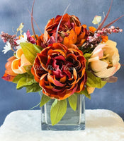Fall or Thanksgiving Arrangement, Brown Peonies in Vase, Floral Decor Centerpiece, Faux Florals Artificial Flowers Silk Floral Decor