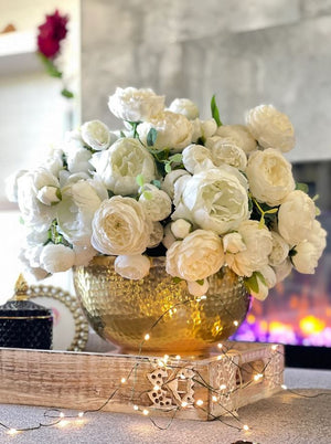 Large White Rose Peony Arrangement, Artificial Faux Floral Centerpiece, High-quality Silk Flowers in Gold Metal Vase for Home Decor
