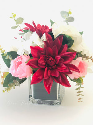 Dahlia, Roses Peonies Arrangement, Faux Flowers in Vase, Floral Decor Centerpiece