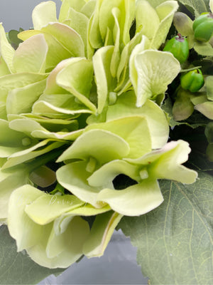Premium Green Hydrangea Artificial Faux Arrangement in Clear Glass Vase with clear acrylic water for Home Decor by Blue Paris Flowers