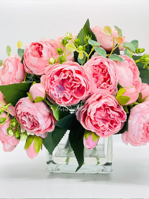 Pink Rose Peony Arrangement, Artificial Faux Centerpiece, Silk Flowers in Glass Vase for Home Decor
