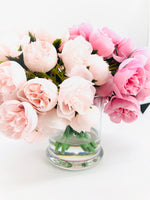 Light Pink Peonies, Centerpiece, Faux Flower Arrangement | French Country | Arrangement in Clear Glass Vase | Modern Style