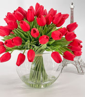 X-Large 60 Red Tulips | Modern Faux Floral Arrangement | Real Touch Artificial Faux Forever Flowers in Glass Vase, Faux Flowers in Vase