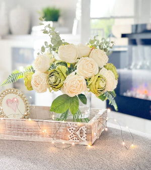 25 Cream and Green Rose Arrangement Artificial Faux Centerpiece, Floral Decor Silk Flower Arrangement, Faux Decoration Flowers in Glass Vase