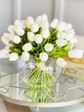 X-Large 60 White Tulips | Modern Faux Floral Arrangement | Real Touch Artificial Faux Forever Flowers in Glass Vase, Faux Flowers in Vase