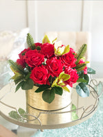 Christmas Real Touch Red Roses Arrangement-Gold Vase- Floral Decor Centerpiece- Artificial Flowers Silk Arrangement-Fake Flowers Home Decor