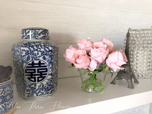 Light Pink Rose Arrangement Real Touch | French Country | Centerpiece | Artificial Faux Forever Flowers in Glass Vase