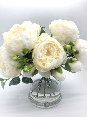 White Rose Peony Arrangement, Artificial Faux Centerpiece, Silk Flowers in Glass Vase for Home Decor