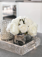 White Austin Roses Faux Flower Arrangement, Floral Home Decor | Silk Artificial Centerpiece in Mirror Vase