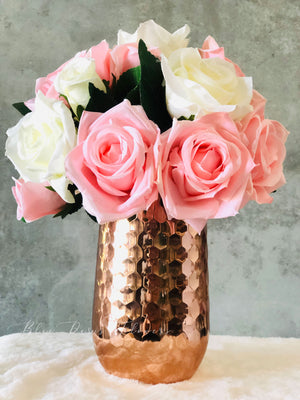 White and Pink Floral Arrangement Artificial Faux Flowers in Copper Vase
