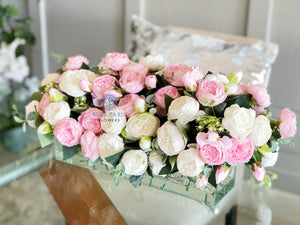 Modern Long White and Pink Rose Peony Arrangement, Artificial Faux Centerpiece Floral Flower Arrangement, Silk Flowers Glass Vase Home Decor