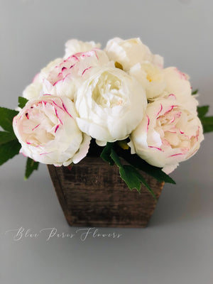 Marsala Tipped White Ivory Peony Arrangement, Artificial Faux Centerpiece