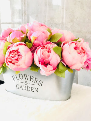 Pink Peonies Floral Arrangement, Artificial Faux Centerpiece, Flower in Metal Vase, French Country Home Decor