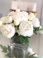 White Peony Arrangement, Artificial Faux Centerpiece, Natural Touch Flowers in Glass Vase Home Decor