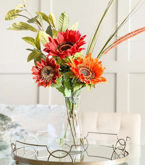 Mix Faux Flower Arrangement, Sunflowers and Greens in Vase, Floral Decor Silk Flower Centerpiece, Faux Artificial Flowers Silk Arrangement