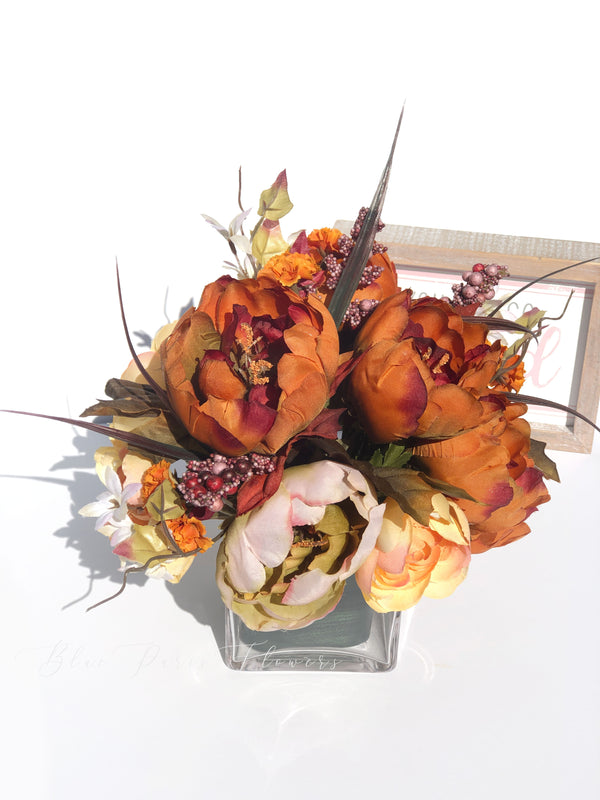 Thanksgiving Arrangement, Peonies Ranunculus in Vase, Floral Decor Centerpiece, Artificial Flowers Silk Floral Arrangement